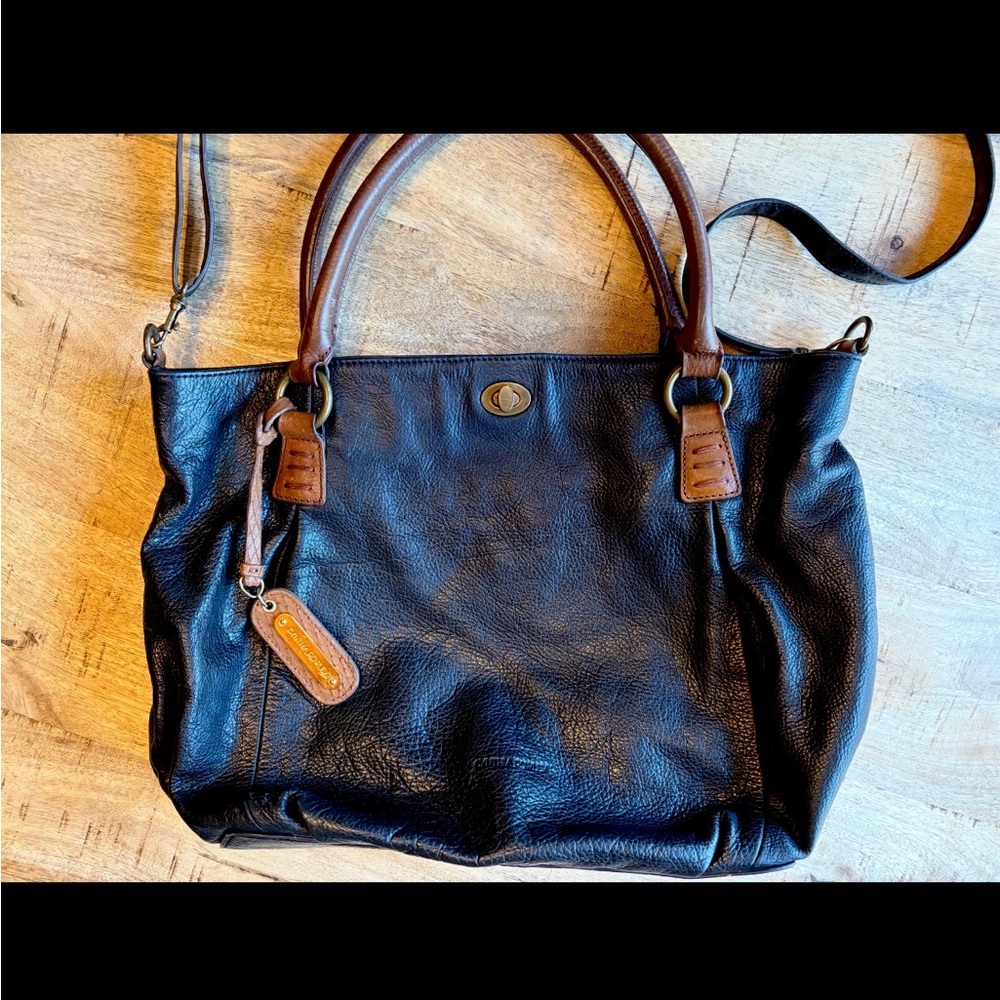 Cynthia Rowley Black Pebbled Leather Tote Bag with Brown Straps Trim Laptop